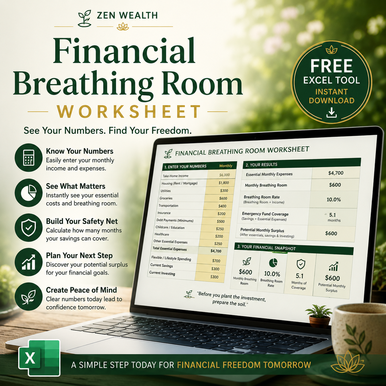 Digital product - Zen Wealth Financial Breathing Room Worksheet